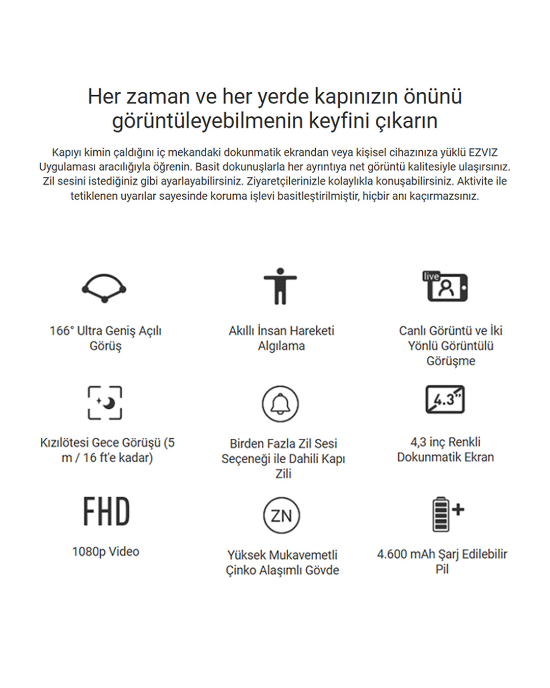 Wi-Fi Akıllı Kapı Kamerası | Görüntülü Kapı Zili | Hareket Algılamalı ve Mobil Destekli Güvenlik Sistemi | EZVIZ DP2
