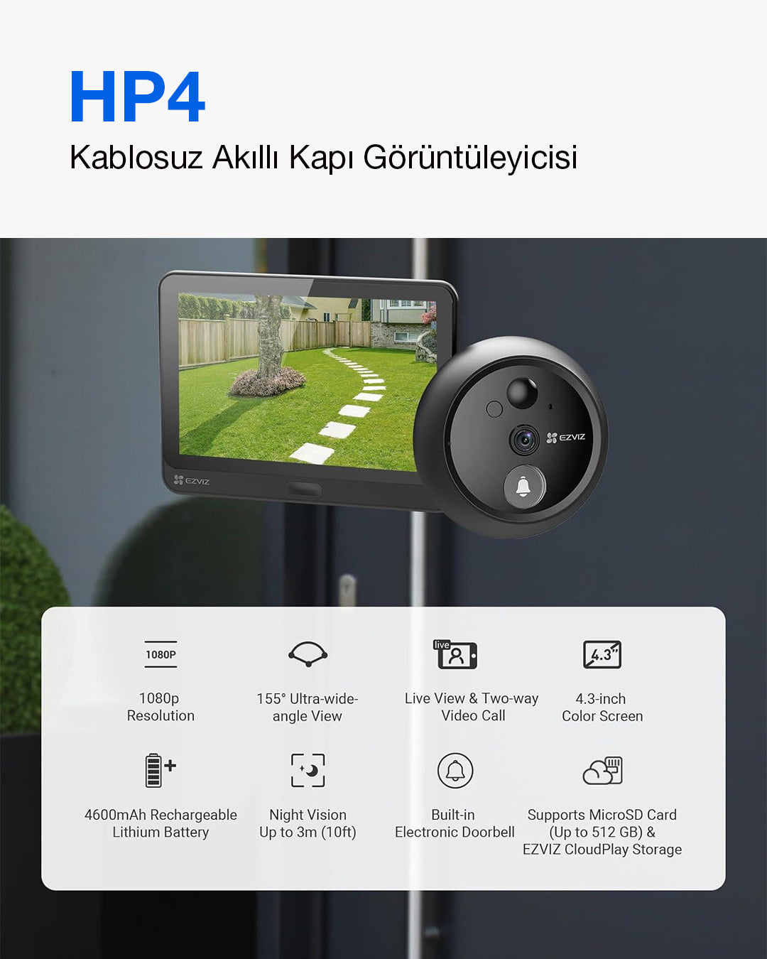 Wi-Fi Görüntülü Kapı Zili | Akıllı Kapı Kamerası + Video Zil | Hareket Algılama Mobil Kontrol | EZVIZ HP4