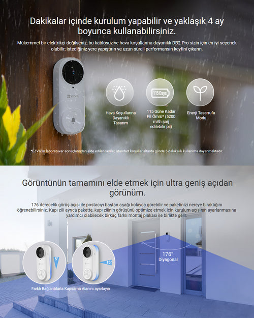 Akıllı Görüntülü Kapı Zili Kiti | Wi-Fi Kapı Kamerası | Hareket Sensörlü ve Mobil Bildirimli Giriş Sistemi | EZVIZ DB2 Pro