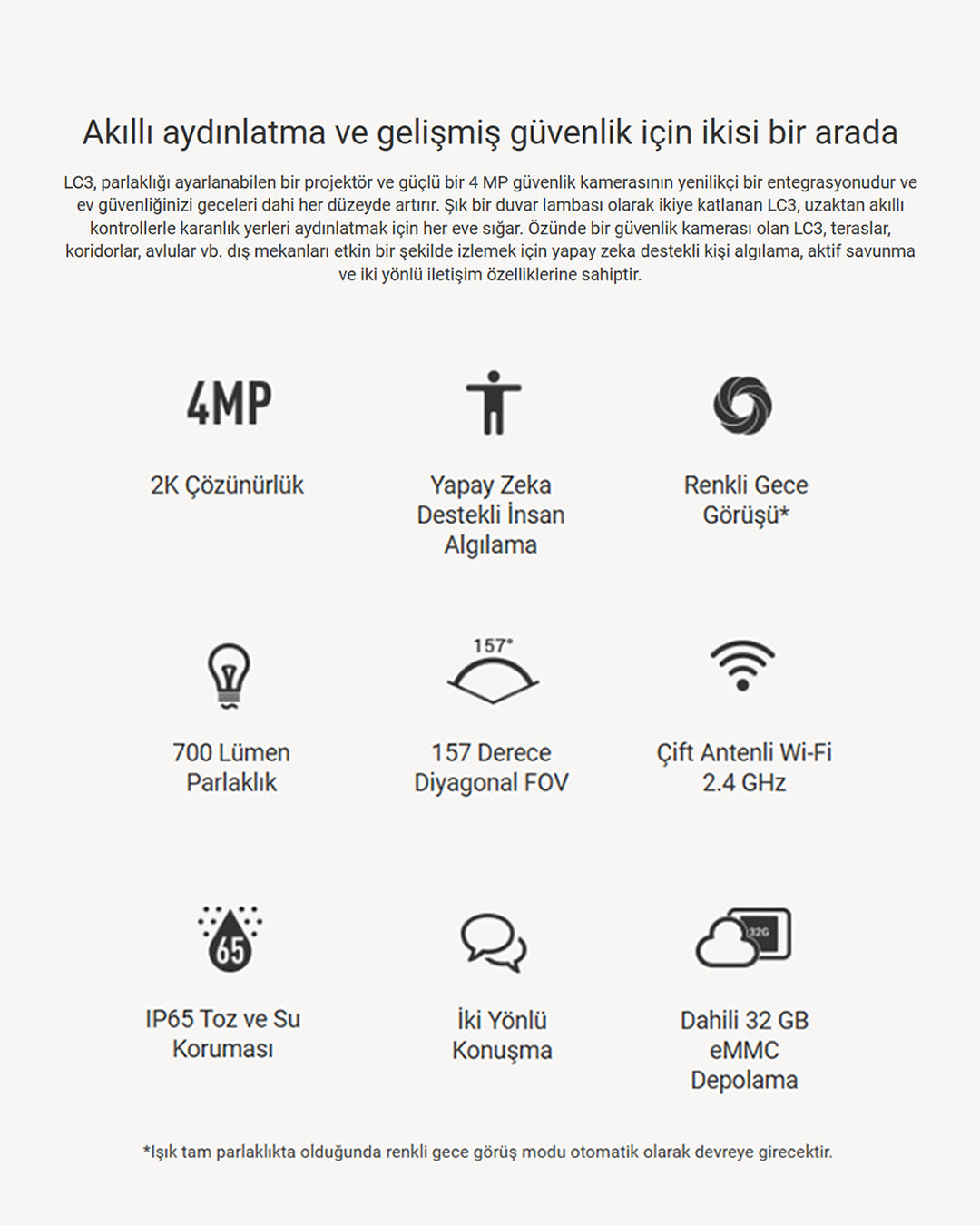 Wi-Fi Akıllı Duvar Işığı Kamerası | Gece Görüşlü LED Lamba + Güvenlik Kamerası | EZVIZ LC3