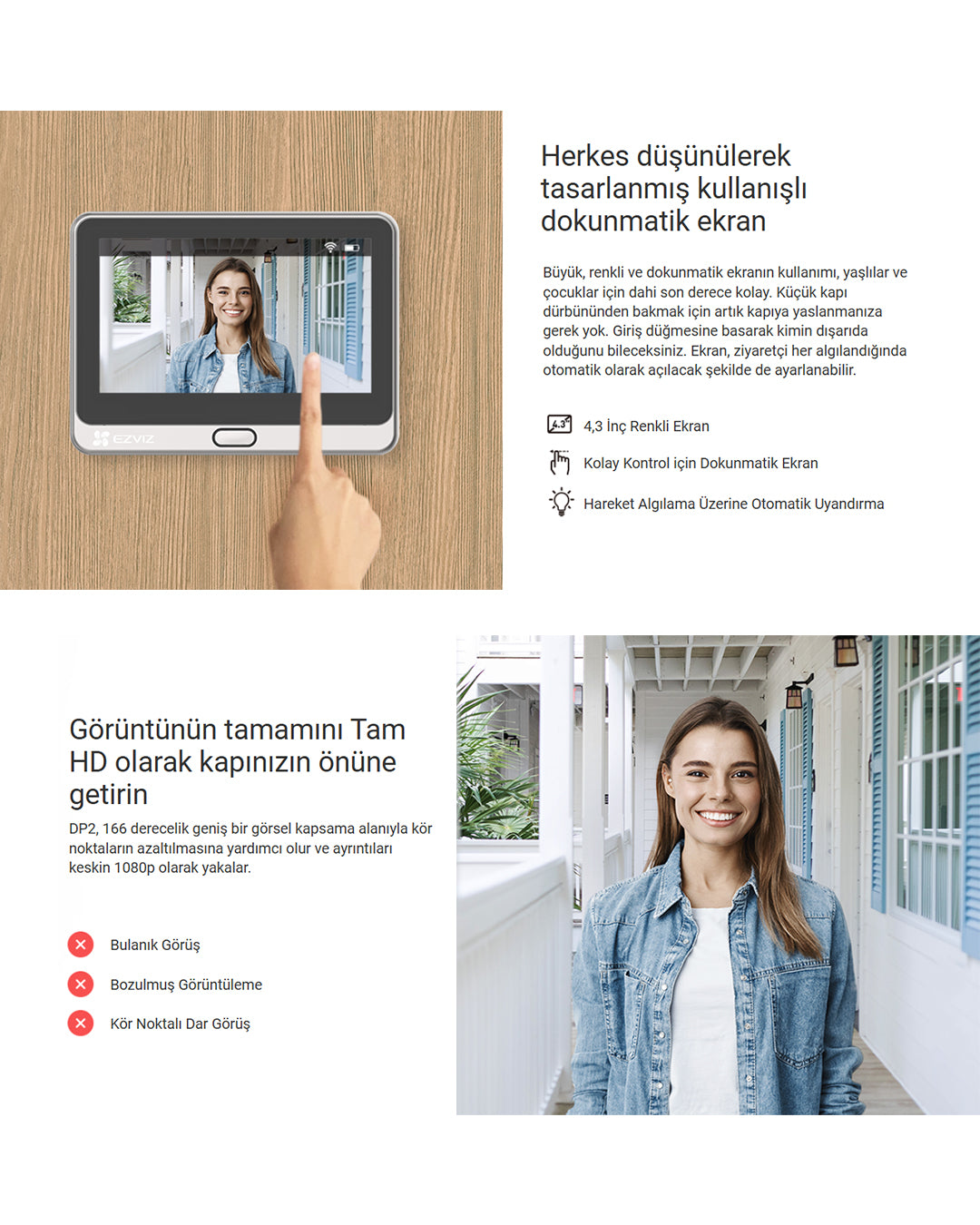Wi-Fi Akıllı Kapı Kamerası | Görüntülü Kapı Zili | Hareket Algılamalı ve Mobil Destekli Güvenlik Sistemi | EZVIZ DP2