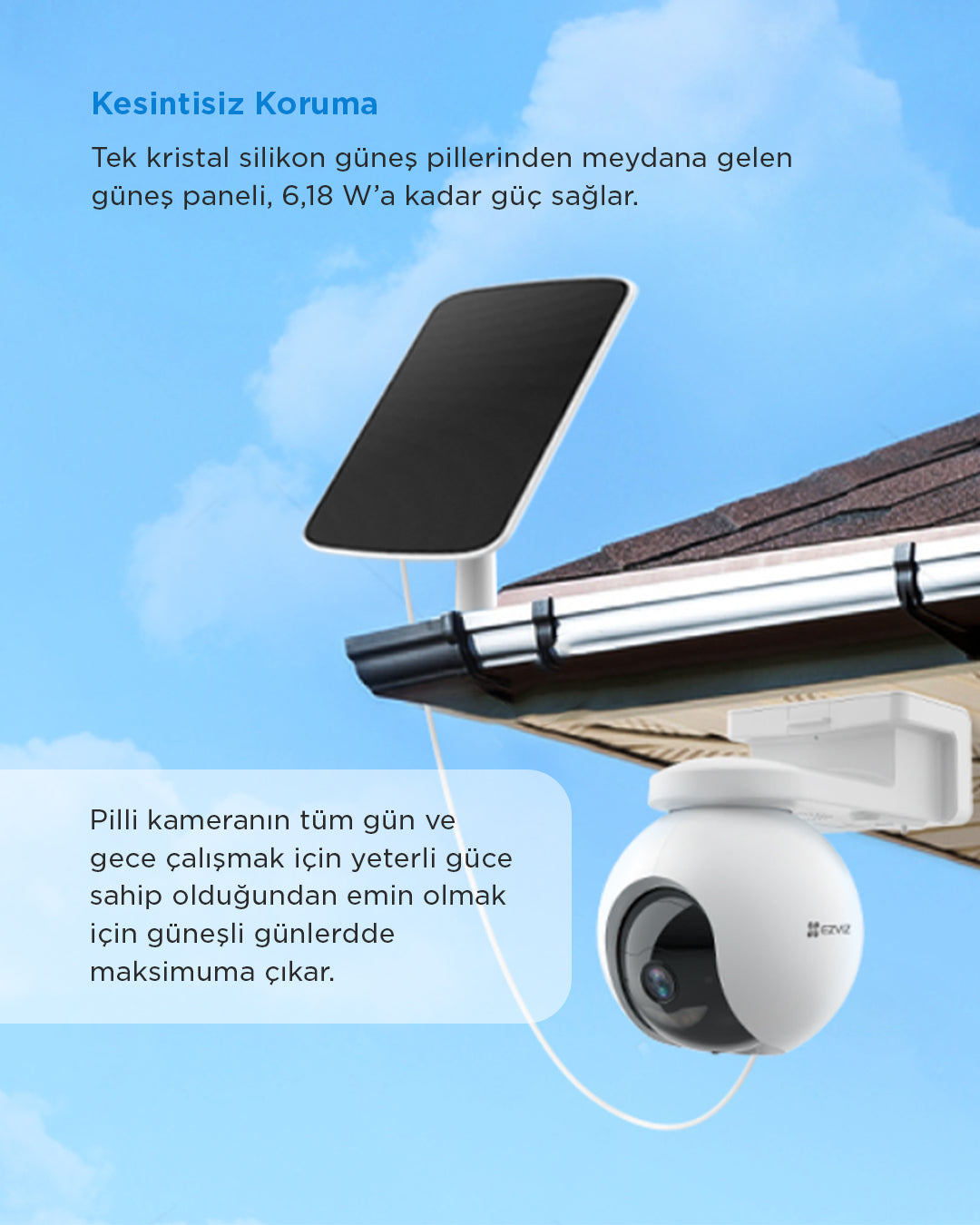 EZVIZ uyumlu güneş enerjili şarj paneli ile akıllı güvenlik kameranızı priz gerektirmeden 7/24 çalıştırın! Su geçirmez, enerji tasarruflu ve çevre dostu solar panel ile kesintisiz güvenlik sağlayın. Akıllı ev sistemleri için ideal, kolay montaj ve uzun ömürlü performans.