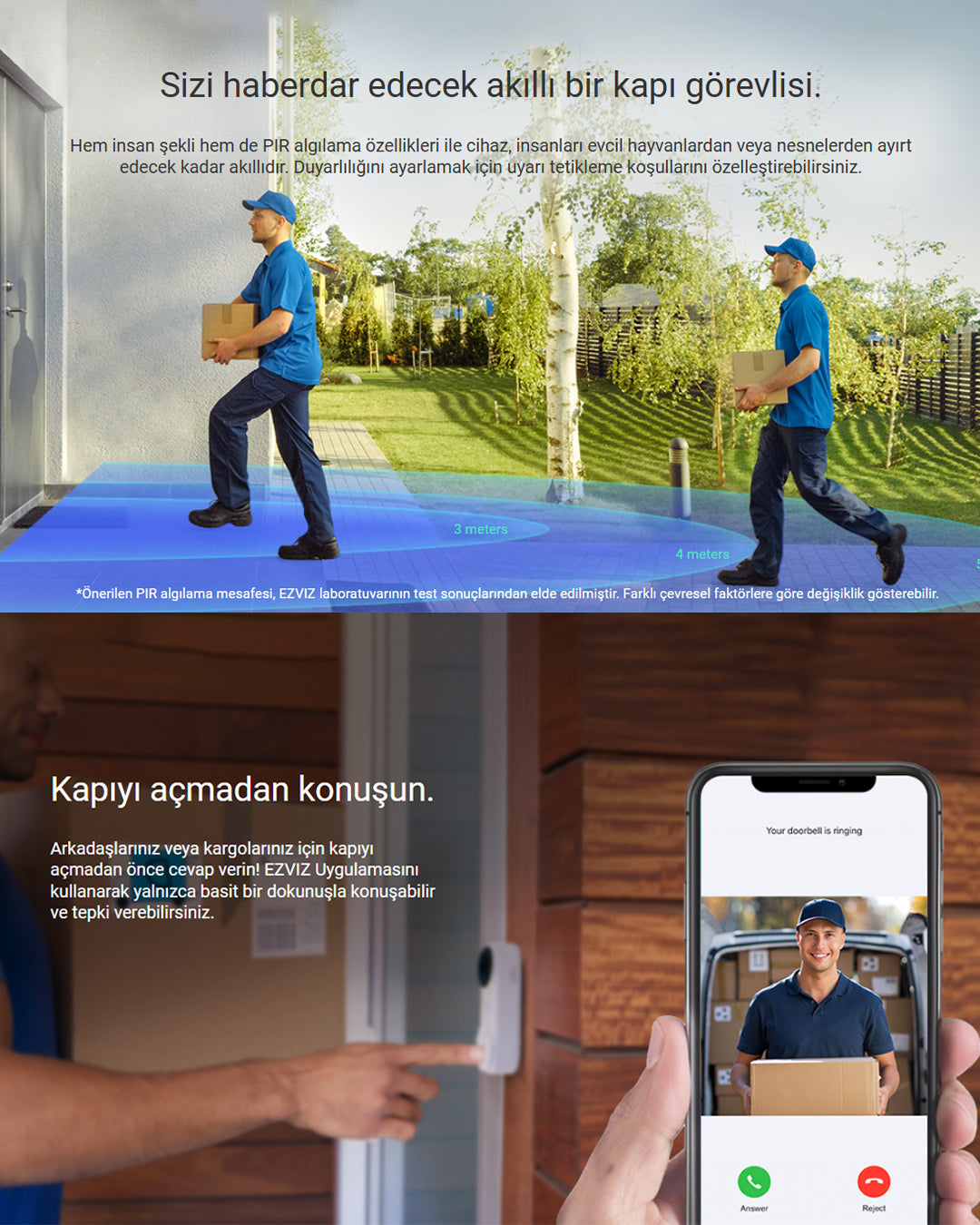 Akıllı Görüntülü Kapı Zili Kiti | Wi-Fi Kapı Kamerası | Hareket Sensörlü ve Mobil Bildirimli Giriş Sistemi | EZVIZ DB2 Pro