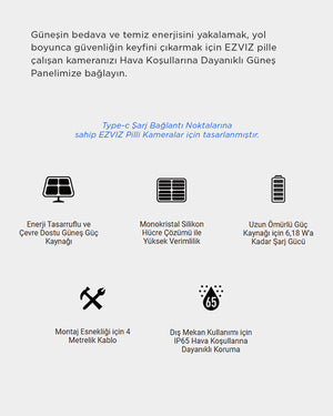 EZVIZ uyumlu güneş enerjili şarj paneli ile akıllı güvenlik kameranızı priz gerektirmeden 7/24 çalıştırın! Su geçirmez, enerji tasarruflu ve çevre dostu solar panel ile kesintisiz güvenlik sağlayın. Akıllı ev sistemleri için ideal, kolay montaj ve uzun ömürlü performans.