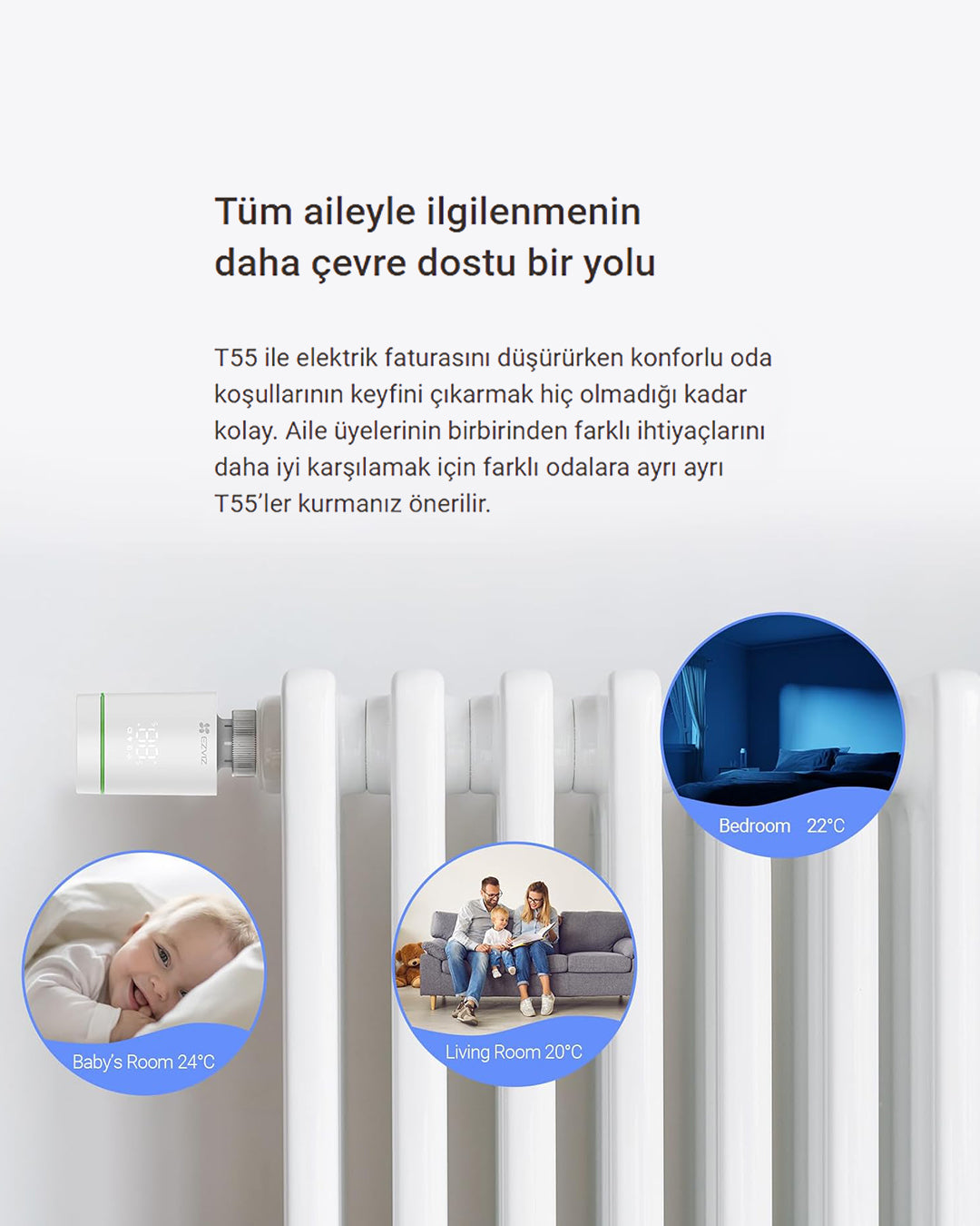 Wi-Fi Akıllı Radyatör Termostatı | Smart Radiator Valve | Enerji Tasarrufu Mobil Kontrol | EZVIZ T55