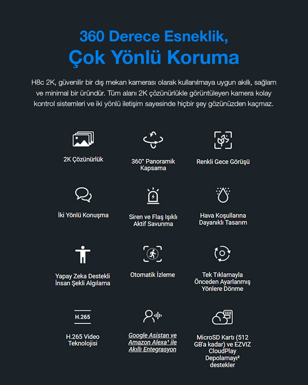 Yatay Dikey Hareketli Akıllı Ev Kamerası | Pan-Tilt | HD Video Mobil Kontrol | EZVIZ H8c