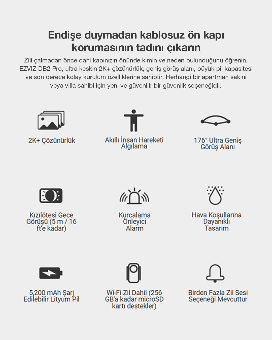 Akıllı Görüntülü Kapı Zili Kiti | Wi-Fi Kapı Kamerası | Hareket Sensörlü ve Mobil Bildirimli Giriş Sistemi | EZVIZ DB2 Pro