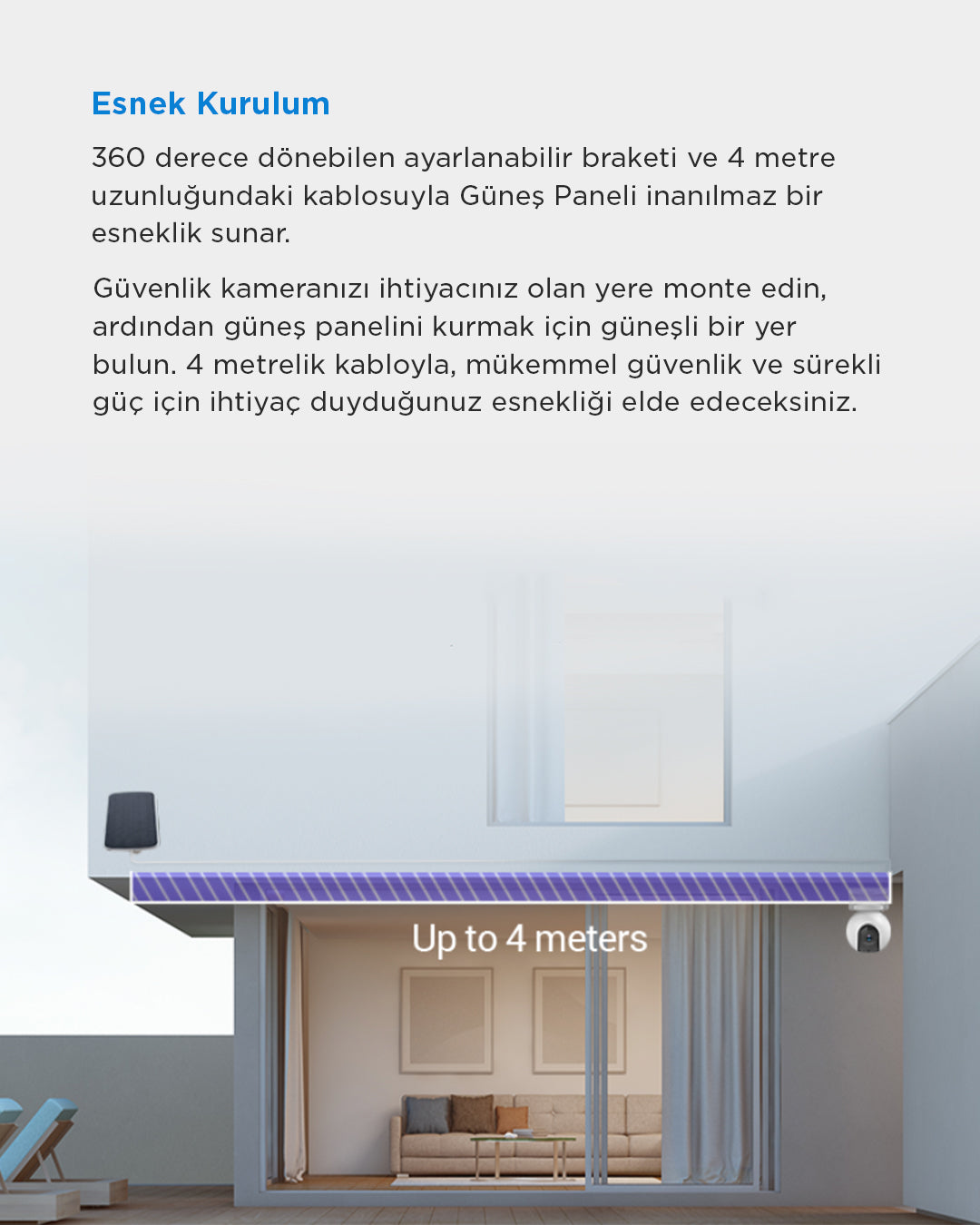EZVIZ uyumlu güneş enerjili şarj paneli ile akıllı güvenlik kameranızı priz gerektirmeden 7/24 çalıştırın! Su geçirmez, enerji tasarruflu ve çevre dostu solar panel ile kesintisiz güvenlik sağlayın. Akıllı ev sistemleri için ideal, kolay montaj ve uzun ömürlü performans.