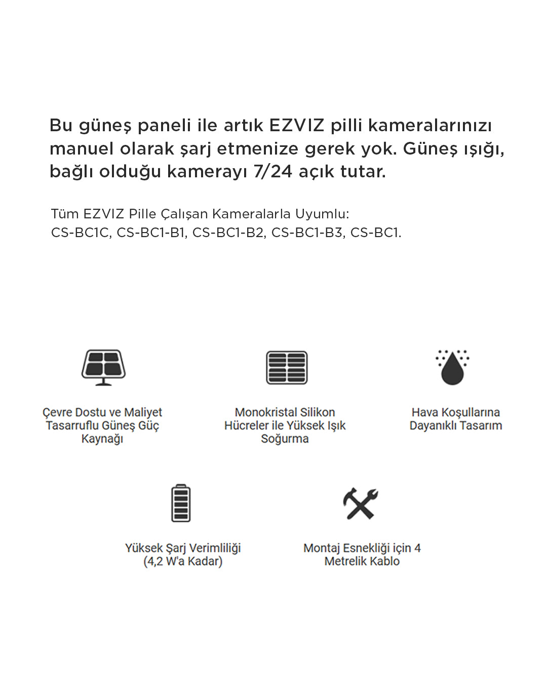 EZVIZ uyumlu güneş şarj paneli ile güvenlik kameralarınızı güneş enerjisiyle besleyin! IP66 su geçirmez yapısı, kolay kurulumu ve enerji tasarrufu sağlayan yapısıyla kablosuz, çevre dostu ve kesintisiz güvenlik çözümü. Akıllı ev sistemleri için ideal!