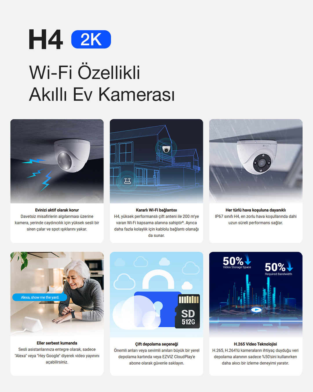 Wi-Fi Dome Güvenlik Kamerası | Akıllı Ev Kamerası | Kablosuz Gece Görüşlü Kamera | EZVIZ H4
