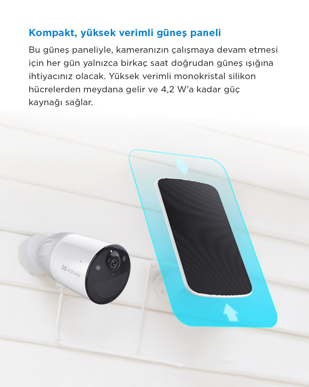 EZVIZ uyumlu güneş şarj paneli ile güvenlik kameralarınızı güneş enerjisiyle besleyin! IP66 su geçirmez yapısı, kolay kurulumu ve enerji tasarrufu sağlayan yapısıyla kablosuz, çevre dostu ve kesintisiz güvenlik çözümü. Akıllı ev sistemleri için ideal!