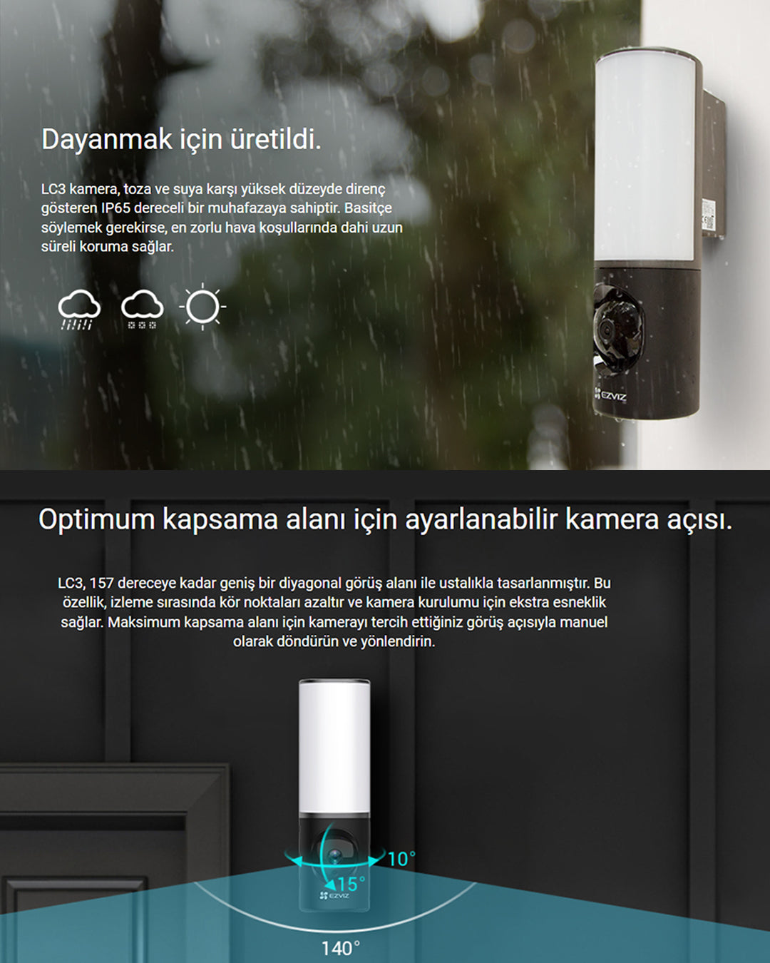 Wi-Fi Akıllı Duvar Işığı Kamerası | Gece Görüşlü LED Lamba + Güvenlik Kamerası | EZVIZ LC3