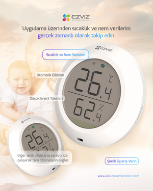 Akıllı Sıcaklık ve Nem Sensörü | Ortam Takip Sistemi | Smart Temperature & Humidity Sensor | EZVIZ T51C | Evinizin sıcaklık ve nem değerlerini anlık olarak izleyin! Akıllı sensör ile ortam koşullarını takip edin, konforu ve enerji verimliliğini artırın.