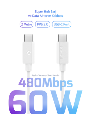 Spigen 60W USB-C 2 Metre Süper Hızlı Şarj Kablosu, 480Mbps Yüksek Hızlı Veri Aktarımı, Beyaz | Super Fast Charging Cable | Spigen 60W USB-C kablo ile cihazlarınızı hızlı ve güvenli şarj edin. 2 metre, PPS 2.0 ve 480 Mbps veri aktarımı ile performans her yerde sizinle. Tüm USB-C cihazlar ile uyumludur.(telefon, kulaklık, akıllı saat, tablet, dizüstü)